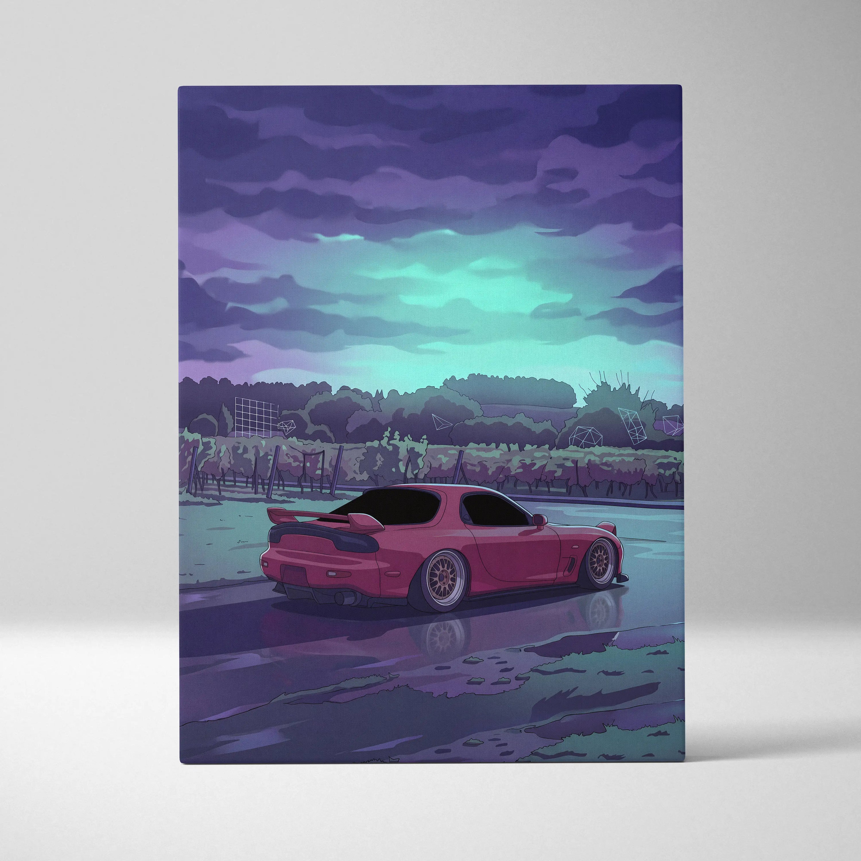 Mazda RX-7 FD Inspired Pink Teal Canvas Wall Art, Moody Vaporwave JDM Sports Car Artwork for Rainy Road Garage Decor