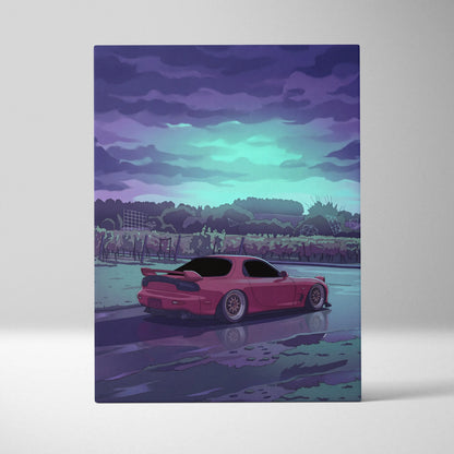 Mazda RX-7 FD Inspired Pink Teal Canvas Wall Art, Moody Vaporwave JDM Sports Car Artwork for Rainy Road Garage Decor