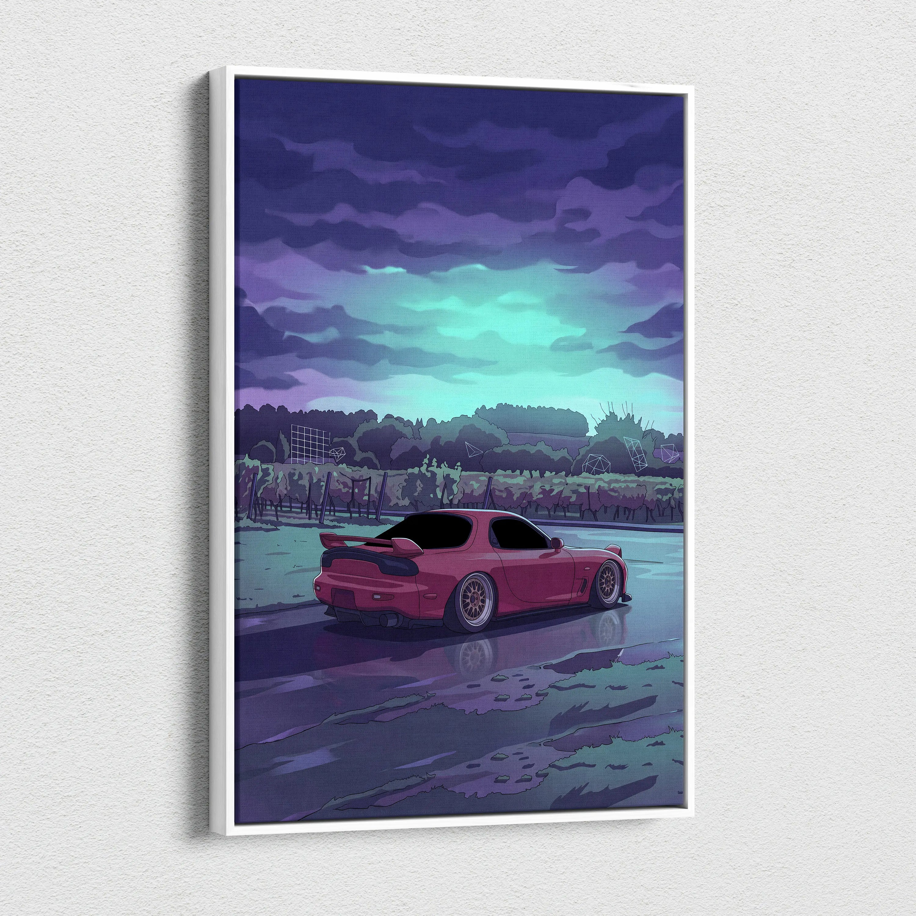 Mazda RX-7 FD Inspired Pink Teal Canvas Wall Art, Moody Vaporwave JDM Sports Car Artwork for Rainy Road Garage Decor