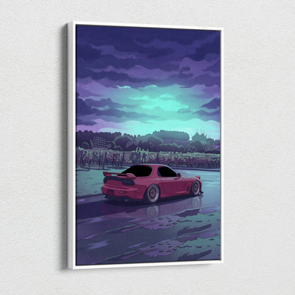 Mazda RX-7 FD Inspired Pink Teal Canvas Wall Art, Moody Vaporwave JDM Sports Car Artwork for Rainy Road Garage Decor