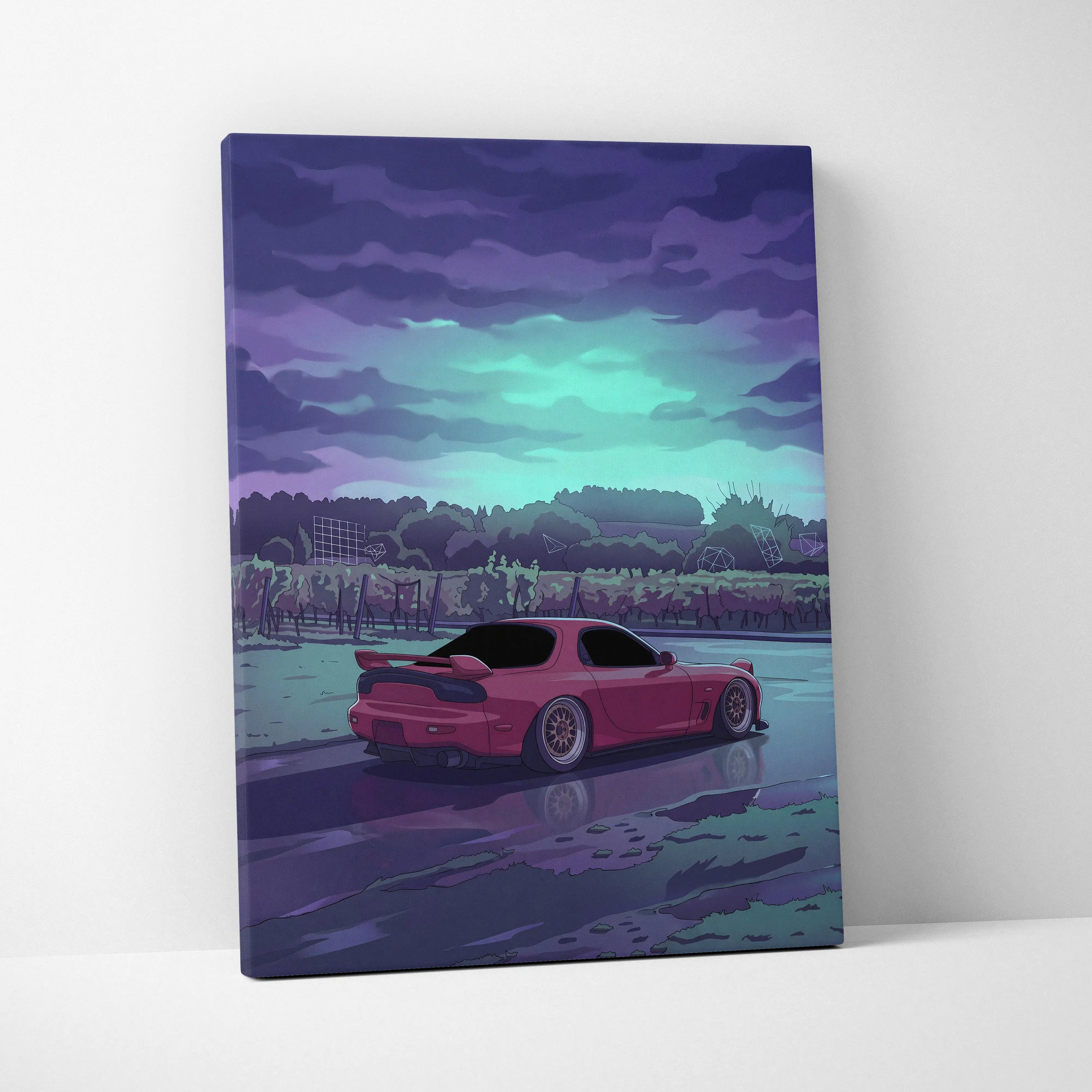 Mazda RX-7 FD Inspired Pink Teal Canvas Wall Art, Moody Vaporwave JDM Sports Car Artwork for Rainy Road Garage Decor