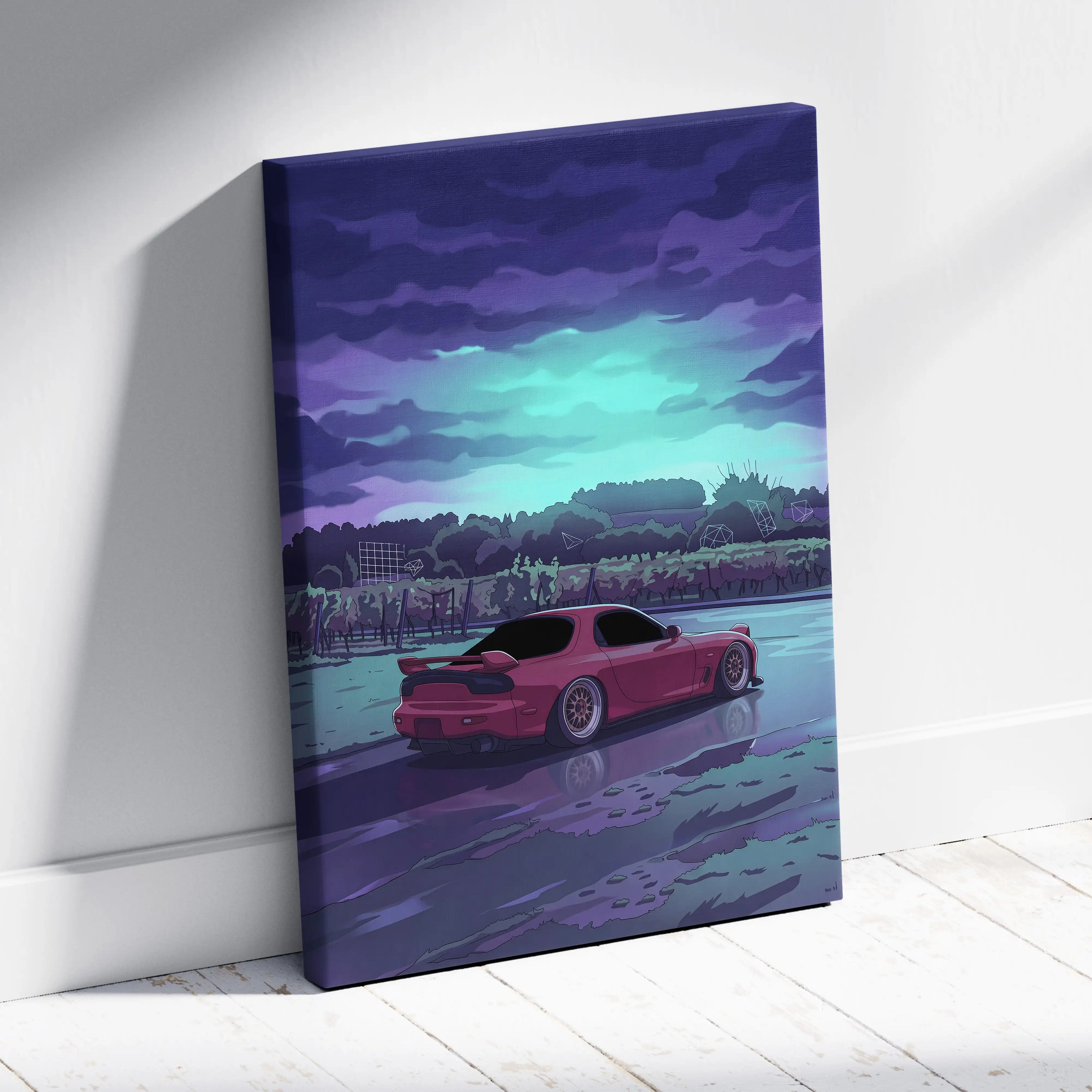 Mazda RX-7 FD Inspired Pink Teal Canvas Wall Art, Moody Vaporwave JDM Sports Car Artwork for Rainy Road Garage Decor