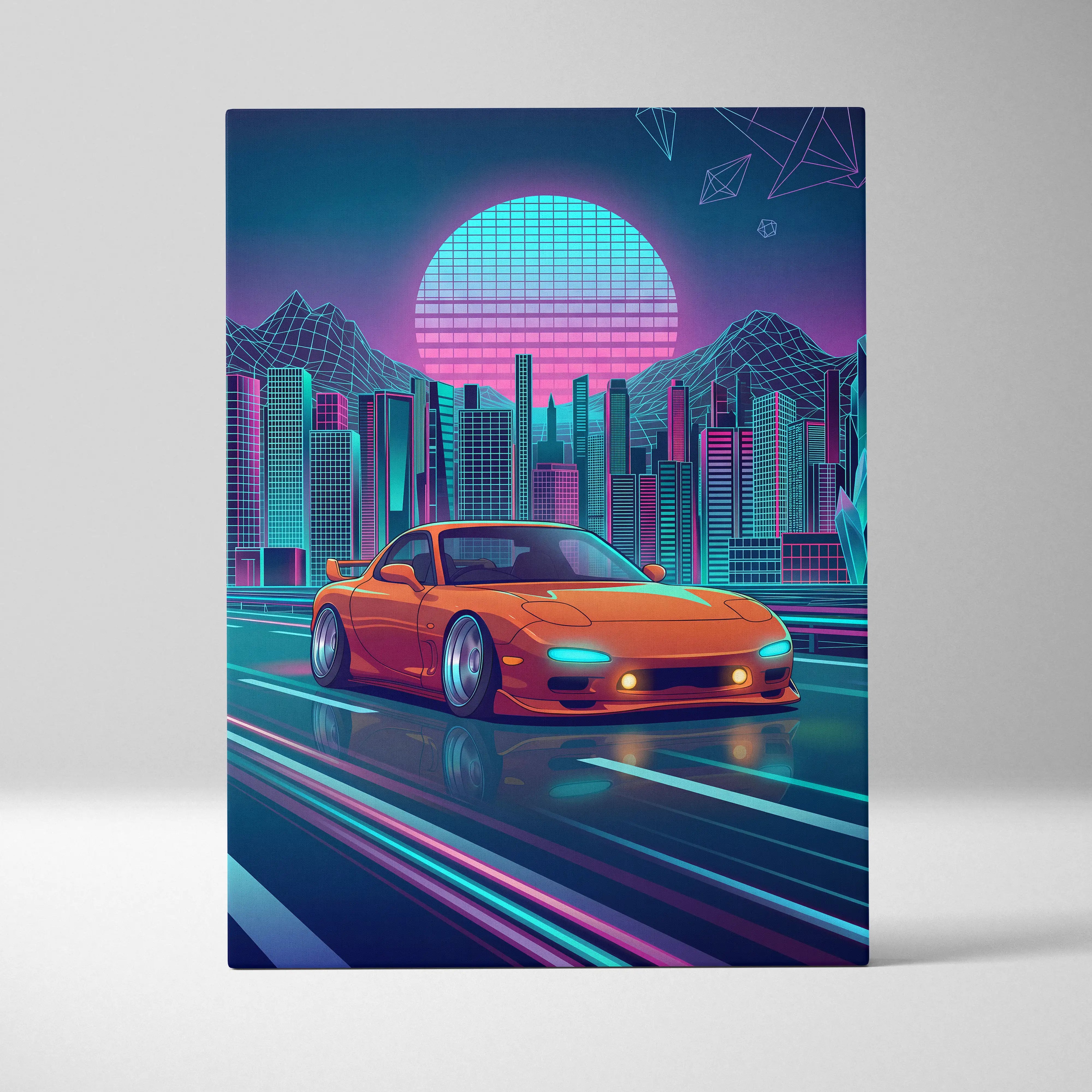 Mazda RX-7 FD Inspired Orange Teal Canvas Wall Art, Neon Vaporwave JDM Sports Car Artwork for Futuristic City Garage Decor