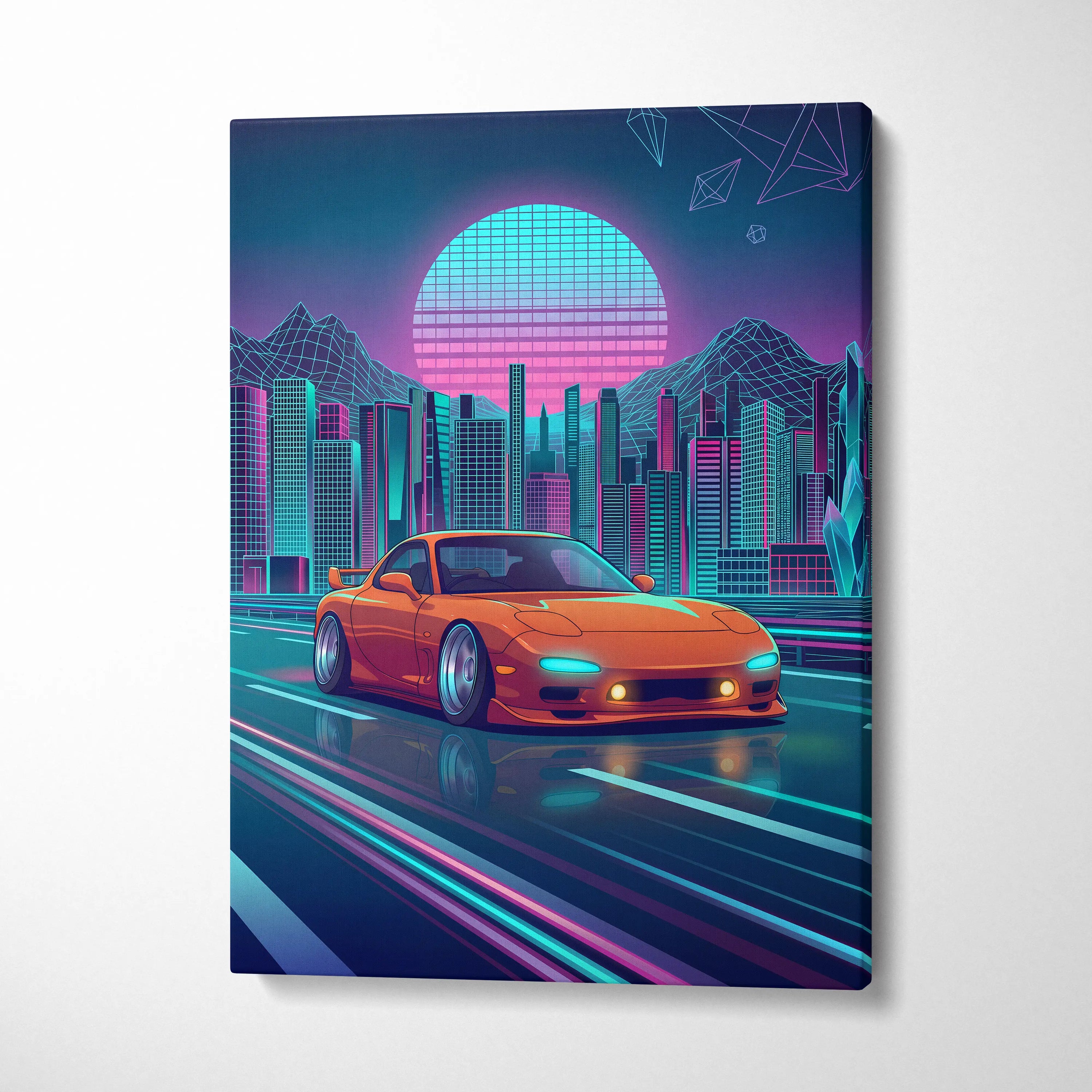 Mazda RX-7 FD Inspired Orange Teal Canvas Wall Art, Neon Vaporwave JDM Sports Car Artwork for Futuristic City Garage Decor