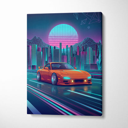 Mazda RX-7 FD Inspired Orange Teal Canvas Wall Art, Neon Vaporwave JDM Sports Car Artwork for Futuristic City Garage Decor