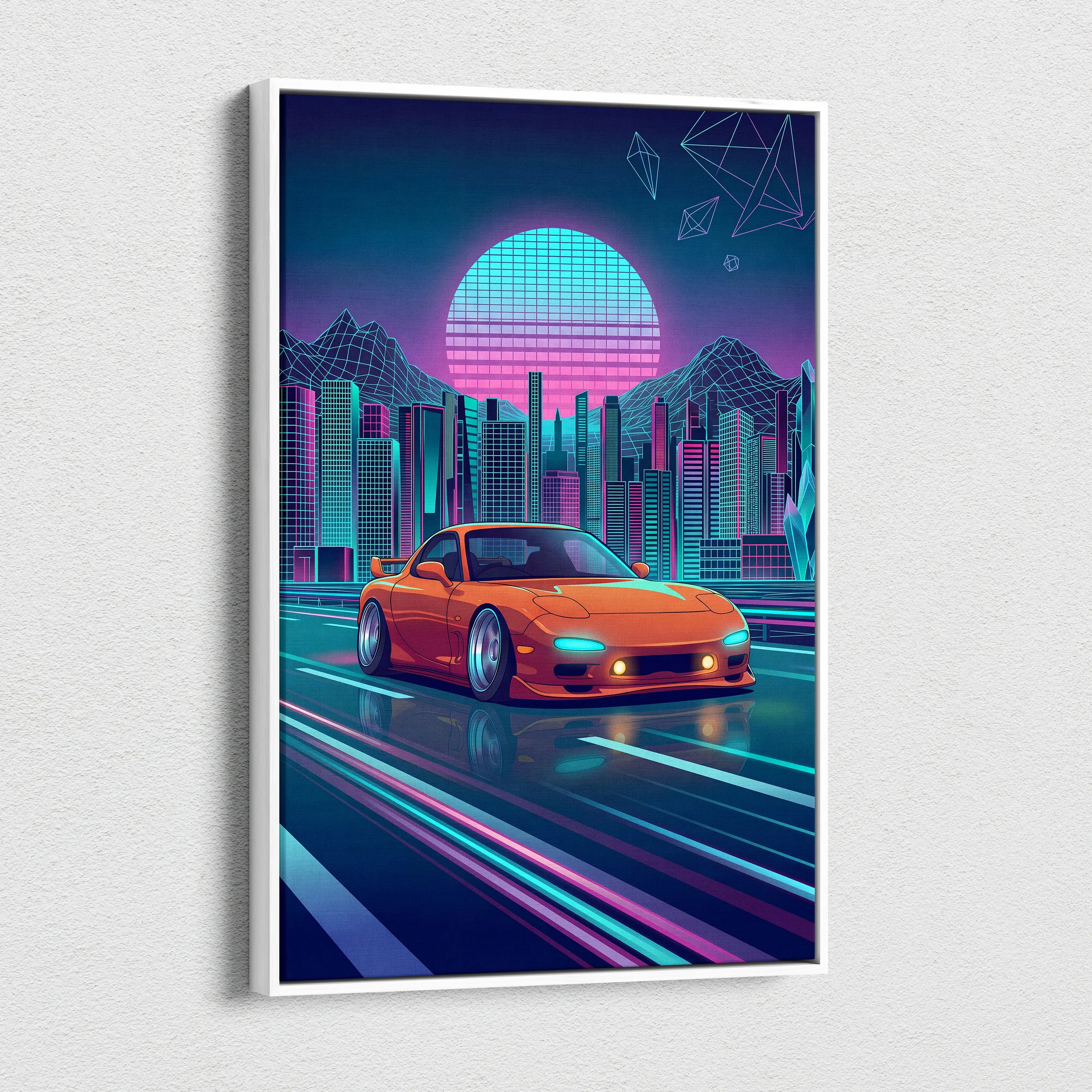 Mazda RX-7 FD Inspired Orange Teal Canvas Wall Art, Neon Vaporwave JDM Sports Car Artwork for Futuristic City Garage Decor