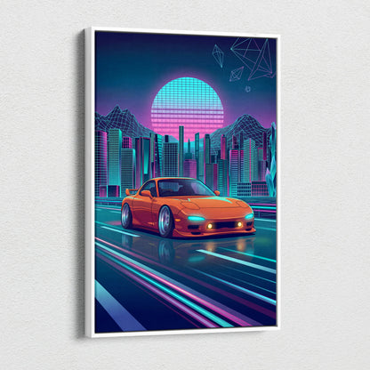 Mazda RX-7 FD Inspired Orange Teal Canvas Wall Art, Neon Vaporwave JDM Sports Car Artwork for Futuristic City Garage Decor