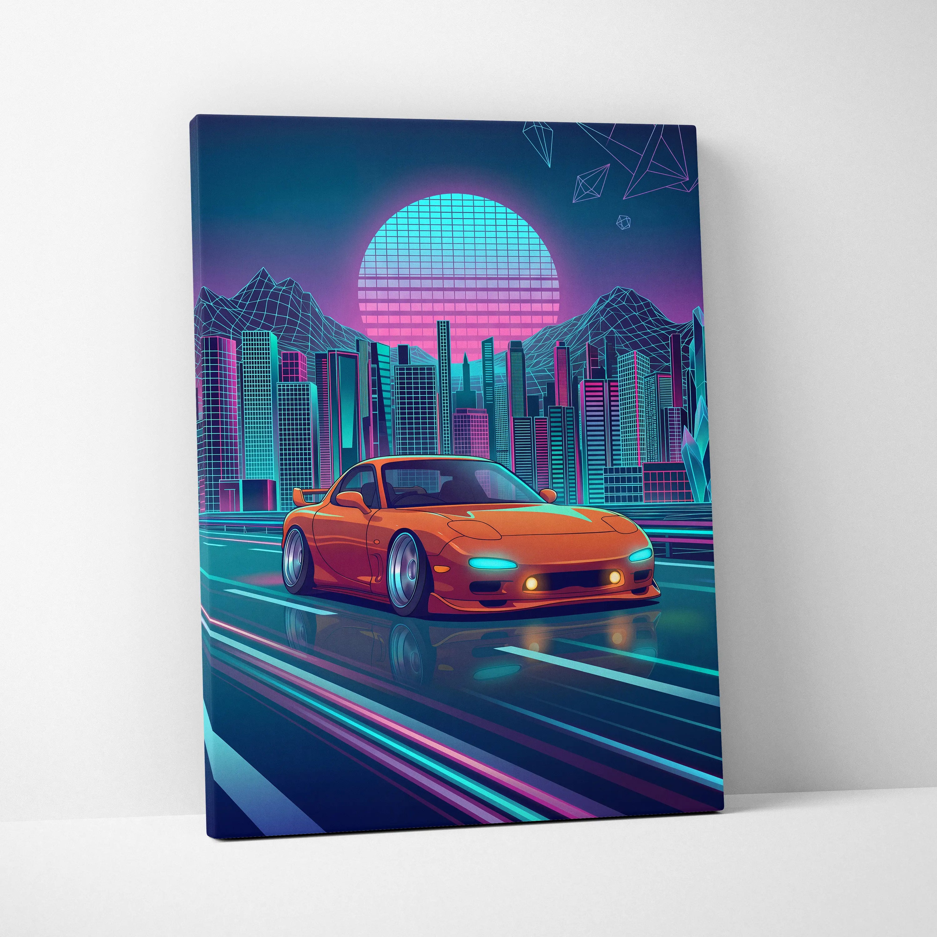 Mazda RX-7 FD Inspired Orange Teal Canvas Wall Art, Neon Vaporwave JDM Sports Car Artwork for Futuristic City Garage Decor