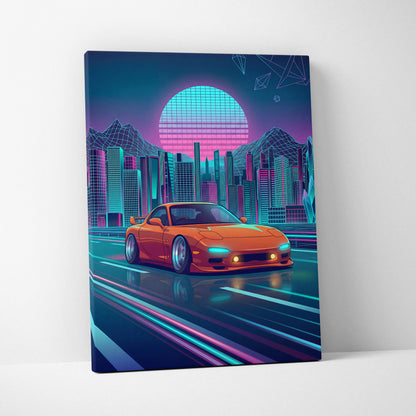 Mazda RX-7 FD Inspired Orange Teal Canvas Wall Art, Neon Vaporwave JDM Sports Car Artwork for Futuristic City Garage Decor