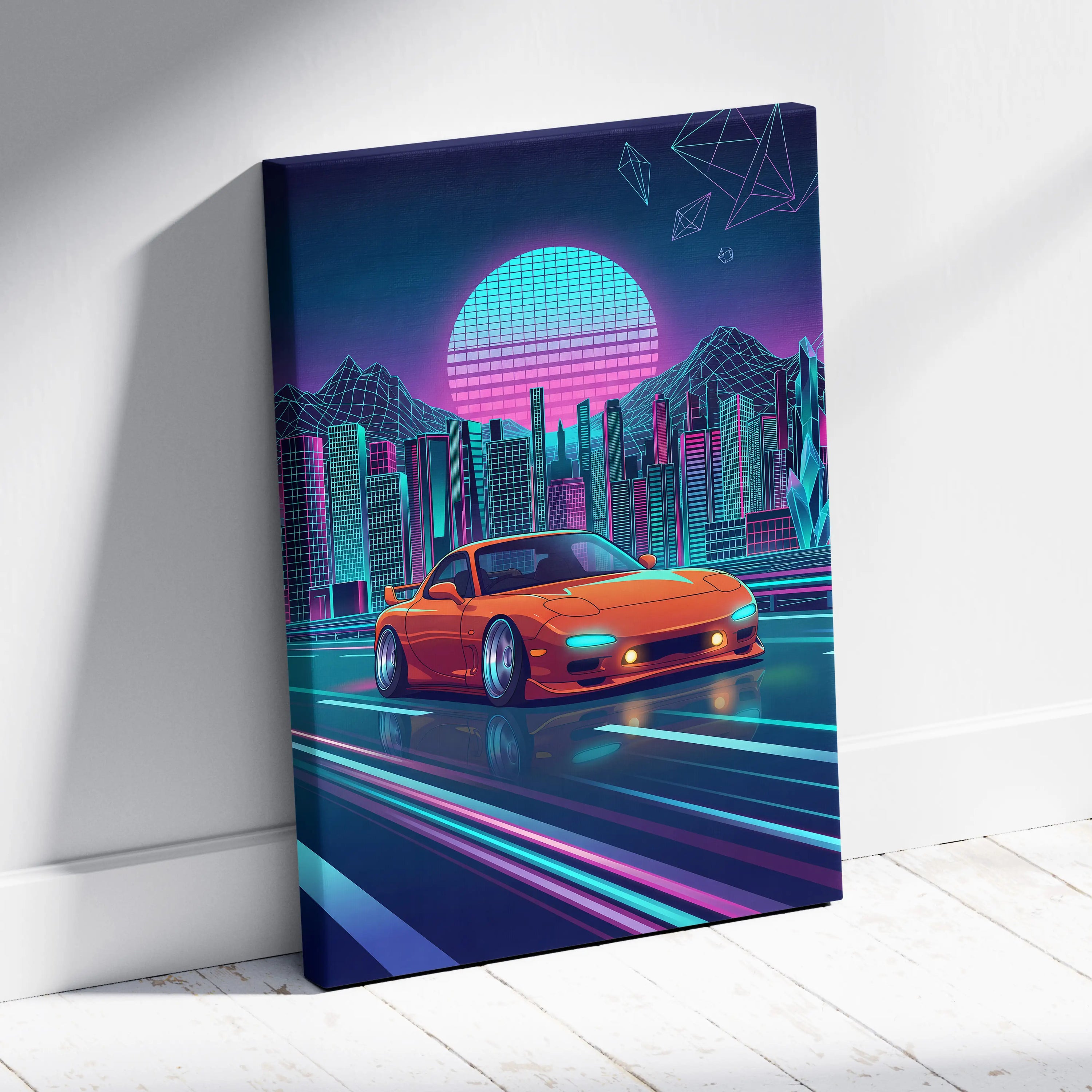 Mazda RX-7 FD Inspired Orange Teal Canvas Wall Art, Neon Vaporwave JDM Sports Car Artwork for Futuristic City Garage Decor