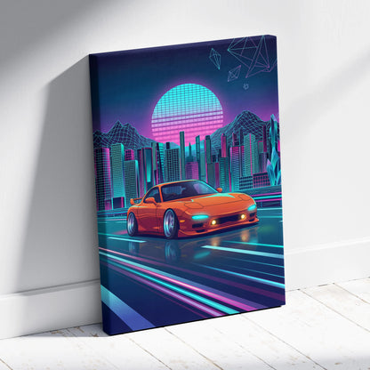 Mazda RX-7 FD Inspired Orange Teal Canvas Wall Art, Neon Vaporwave JDM Sports Car Artwork for Futuristic City Garage Decor