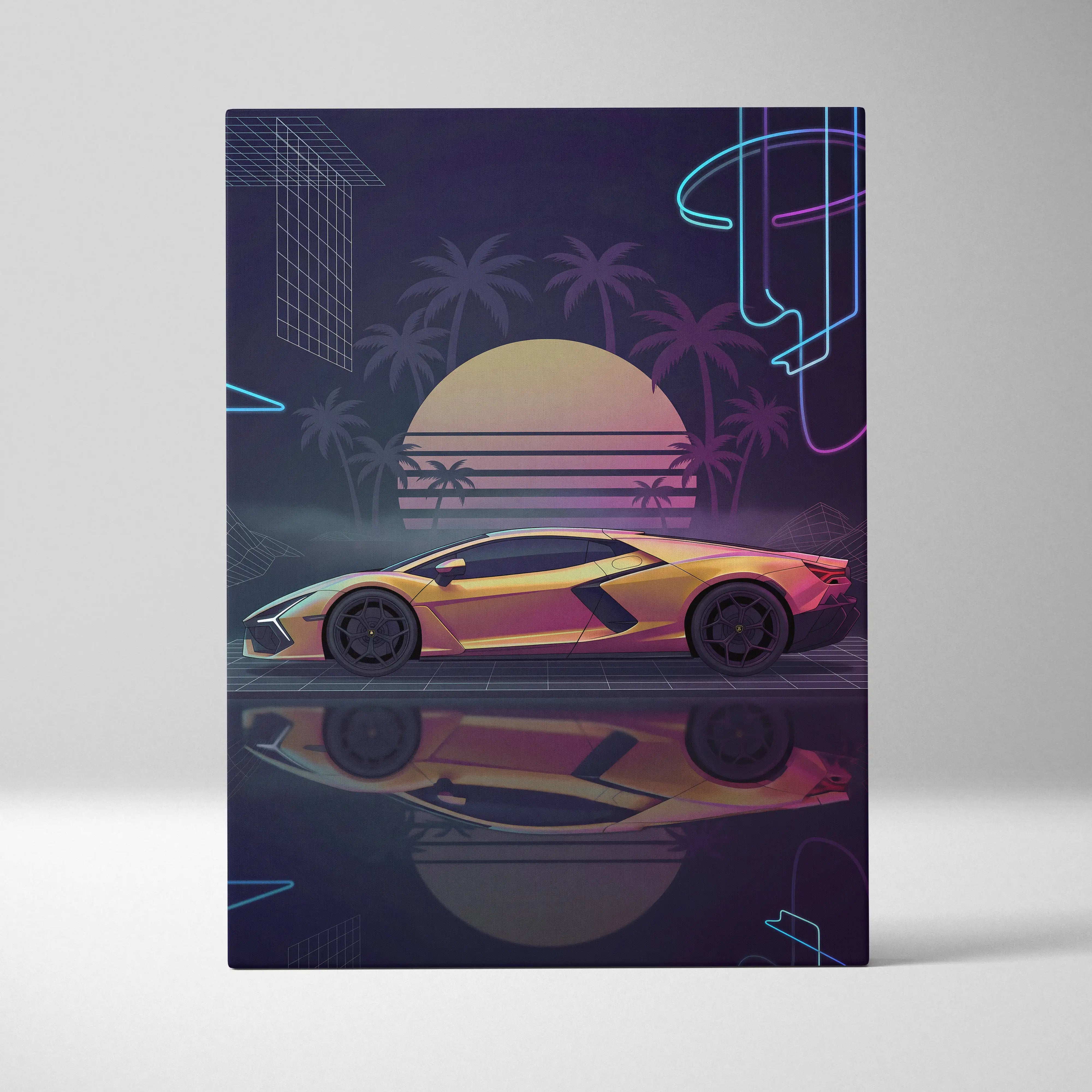 Lamborghini Revuelto Inspired Gold Purple Canvas Wall Art, Neon Vaporwave Hypercar Artwork for Retro Futuristic Garage Decor