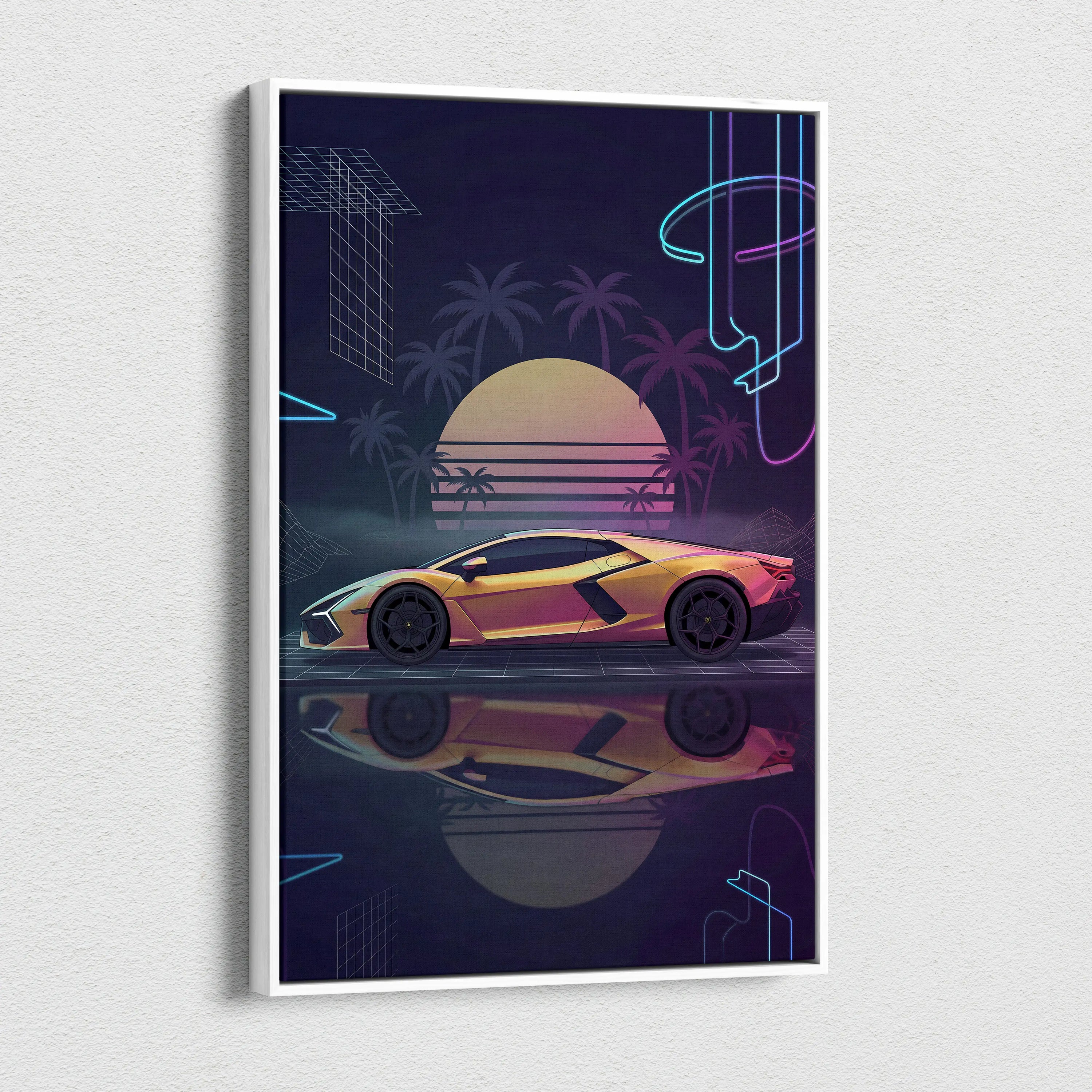 Lamborghini Revuelto Inspired Gold Purple Canvas Wall Art, Neon Vaporwave Hypercar Artwork for Retro Futuristic Garage Decor