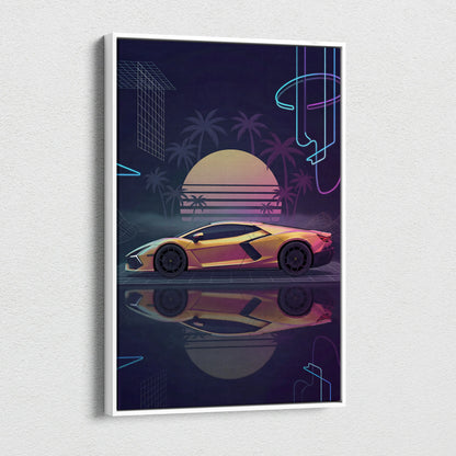 Lamborghini Revuelto Inspired Gold Purple Canvas Wall Art, Neon Vaporwave Hypercar Artwork for Retro Futuristic Garage Decor
