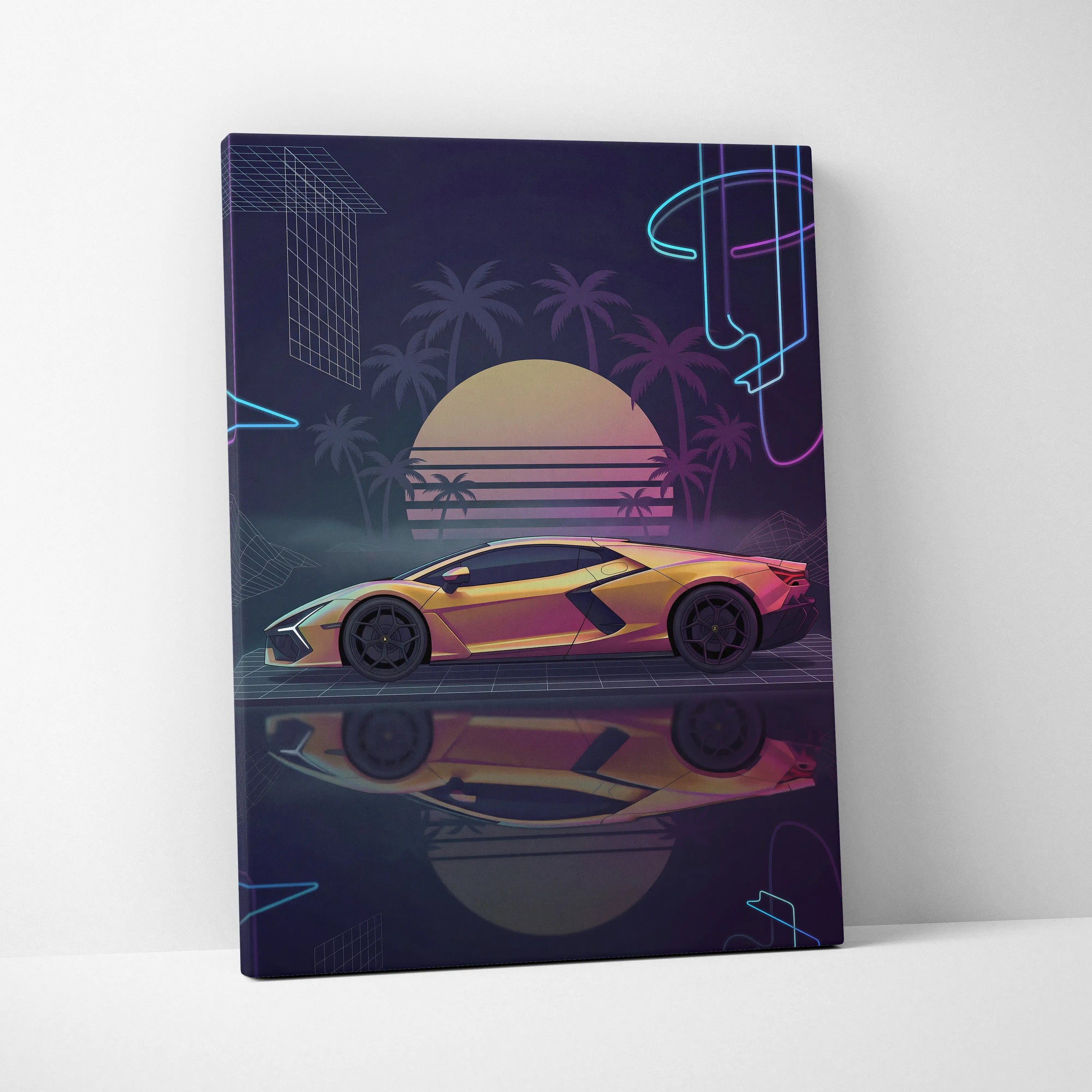 Lamborghini Revuelto Inspired Gold Purple Canvas Wall Art, Neon Vaporwave Hypercar Artwork for Retro Futuristic Garage Decor