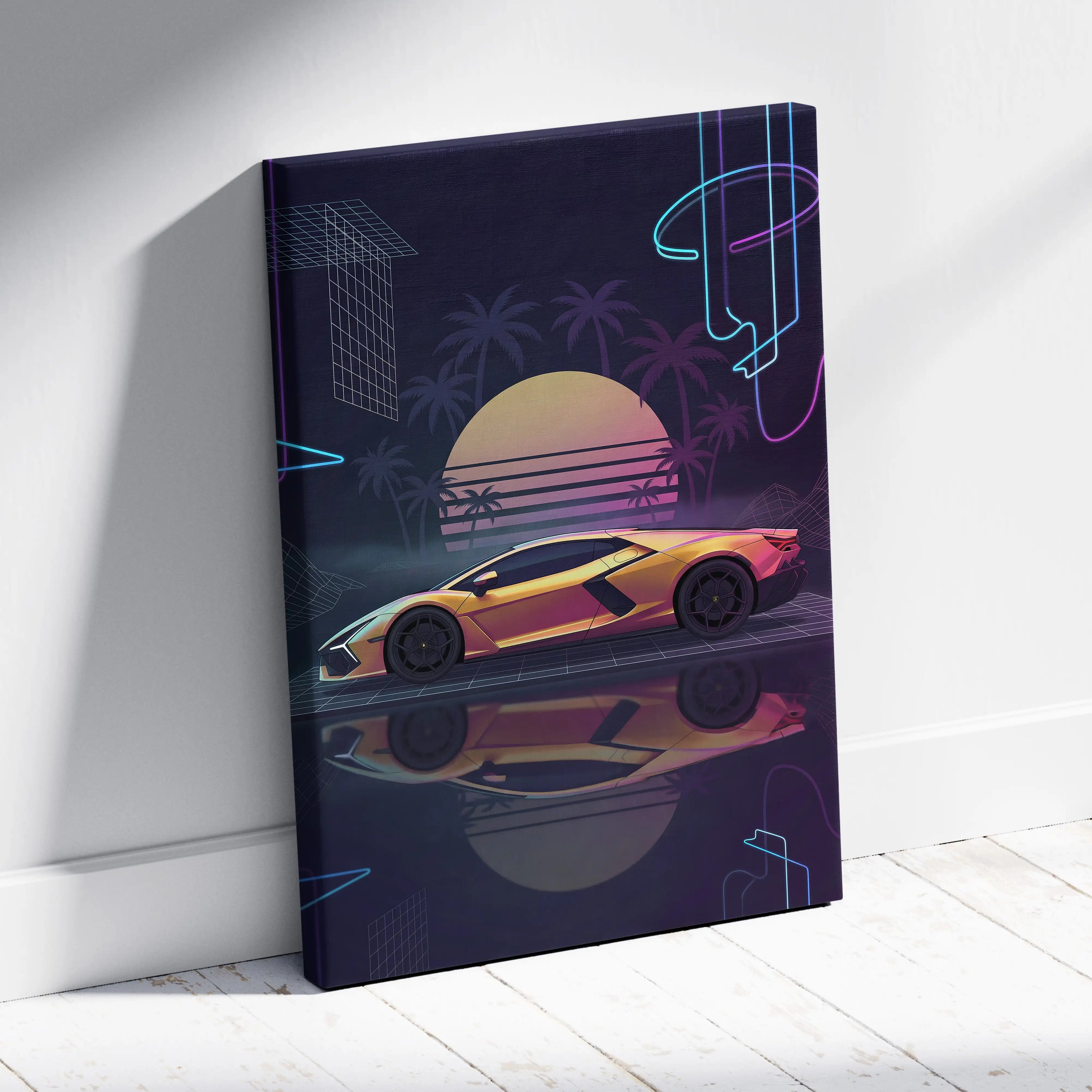 Lamborghini Revuelto Inspired Gold Purple Canvas Wall Art, Neon Vaporwave Hypercar Artwork for Retro Futuristic Garage Decor