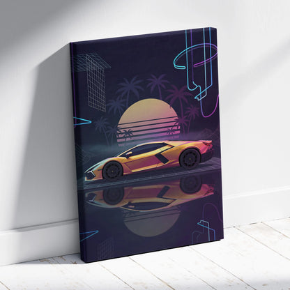 Lamborghini Revuelto Inspired Gold Purple Canvas Wall Art, Neon Vaporwave Hypercar Artwork for Retro Futuristic Garage Decor