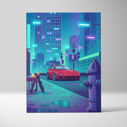 Mazda RX-7 FD Inspired Red Teal Canvas Wall Art, Neon Vaporwave JDM Sports Car Artwork for Cyberpunk City Garage Decor