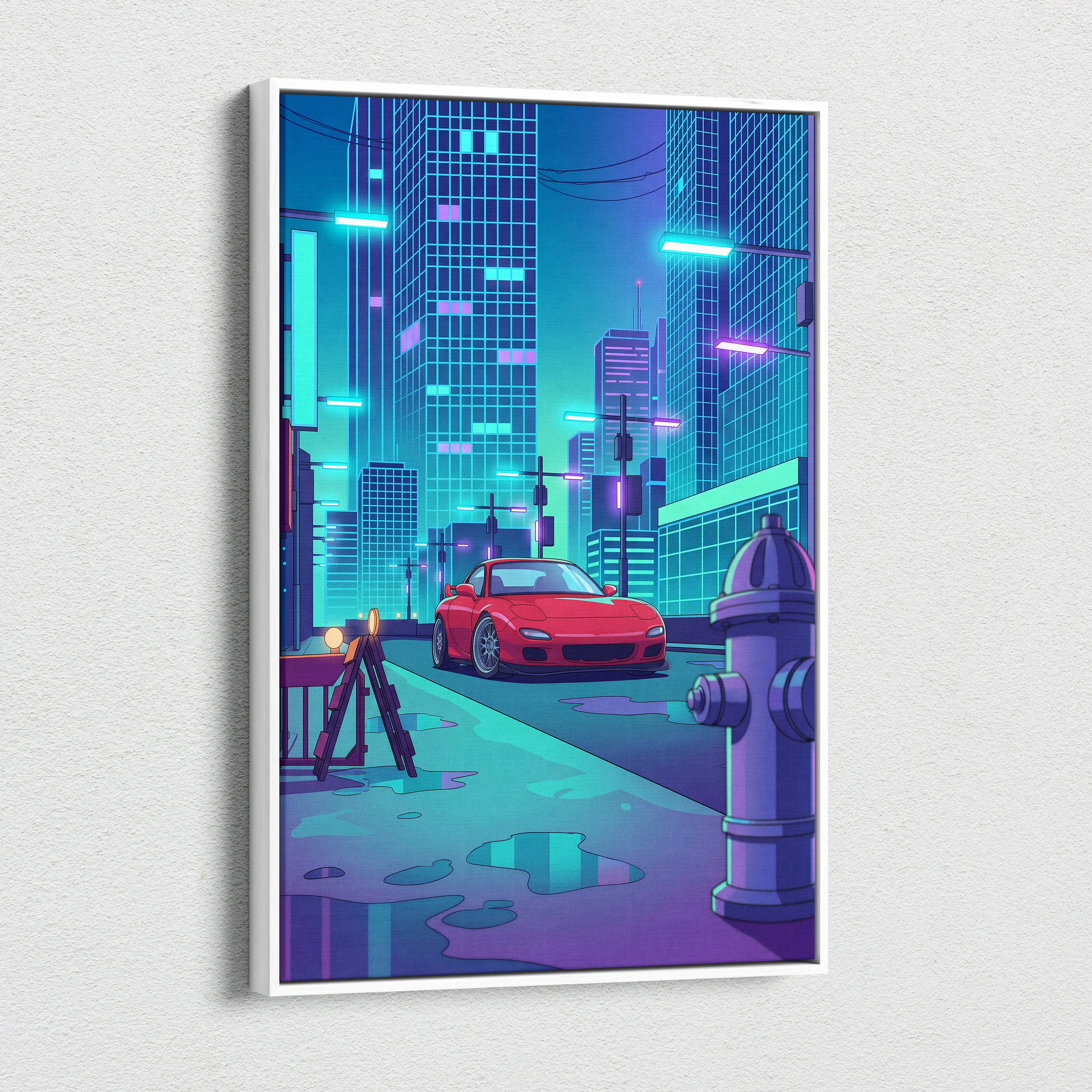 Mazda RX-7 FD Inspired Red Teal Canvas Wall Art, Neon Vaporwave JDM Sports Car Artwork for Cyberpunk City Garage Decor