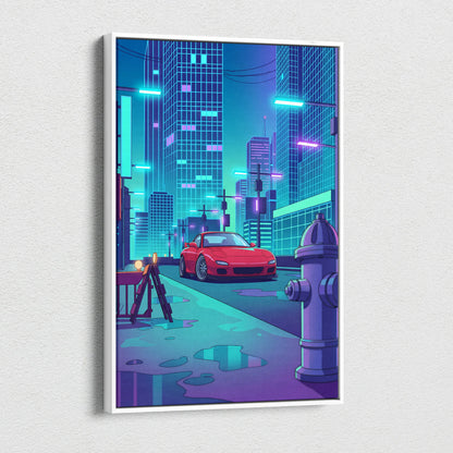 Mazda RX-7 FD Inspired Red Teal Canvas Wall Art, Neon Vaporwave JDM Sports Car Artwork for Cyberpunk City Garage Decor