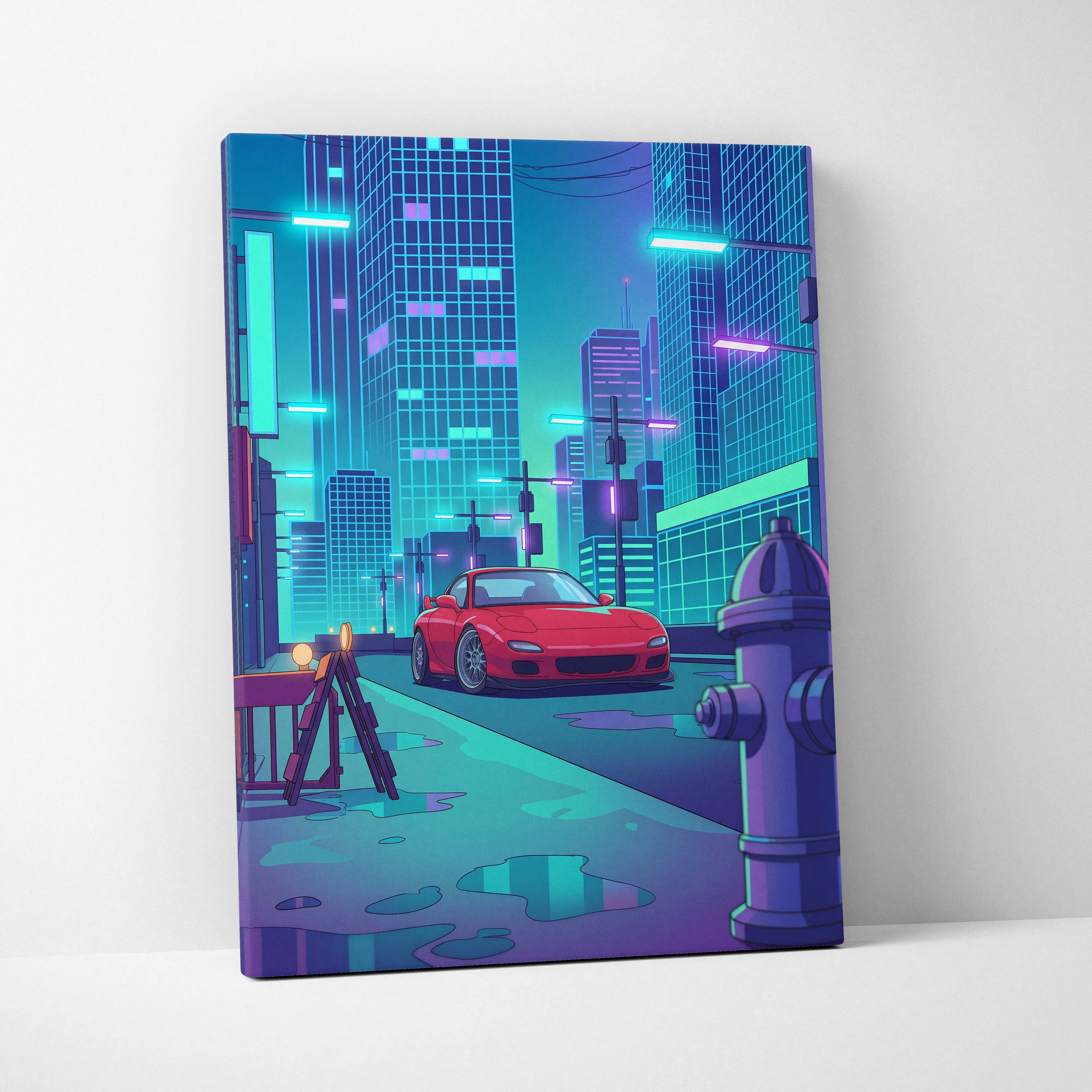 Mazda RX-7 FD Inspired Red Teal Canvas Wall Art, Neon Vaporwave JDM Sports Car Artwork for Cyberpunk City Garage Decor