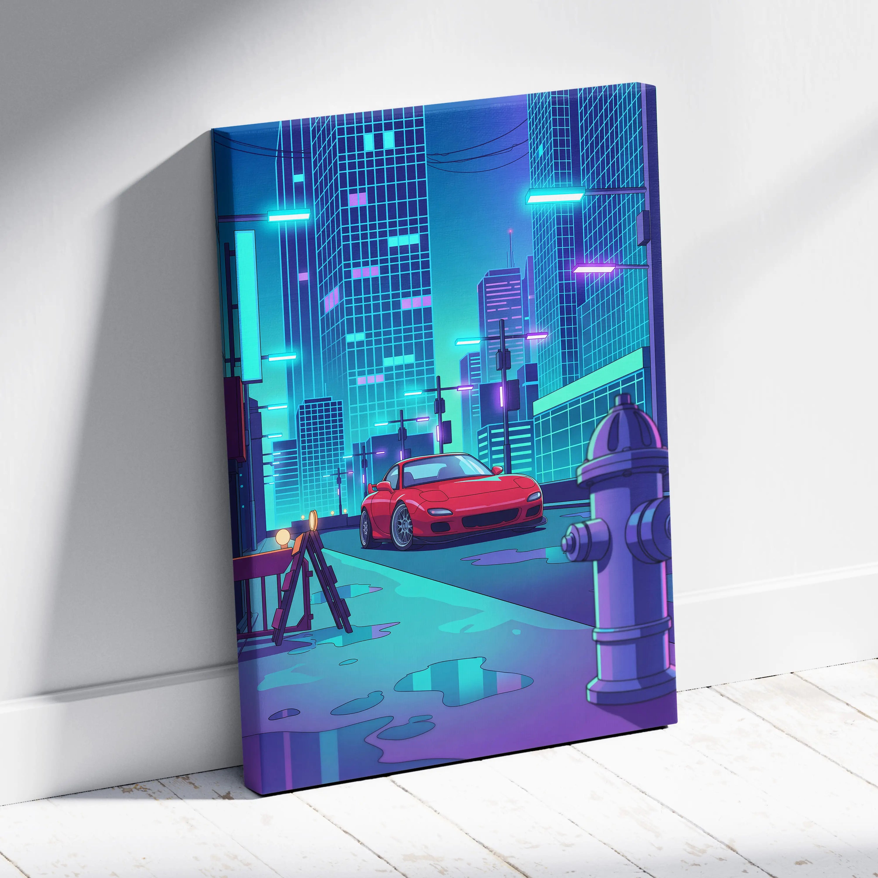 Mazda RX-7 FD Inspired Red Teal Canvas Wall Art, Neon Vaporwave JDM Sports Car Artwork for Cyberpunk City Garage Decor