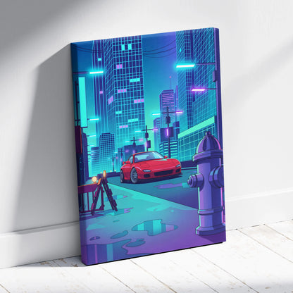 Mazda RX-7 FD Inspired Red Teal Canvas Wall Art, Neon Vaporwave JDM Sports Car Artwork for Cyberpunk City Garage Decor