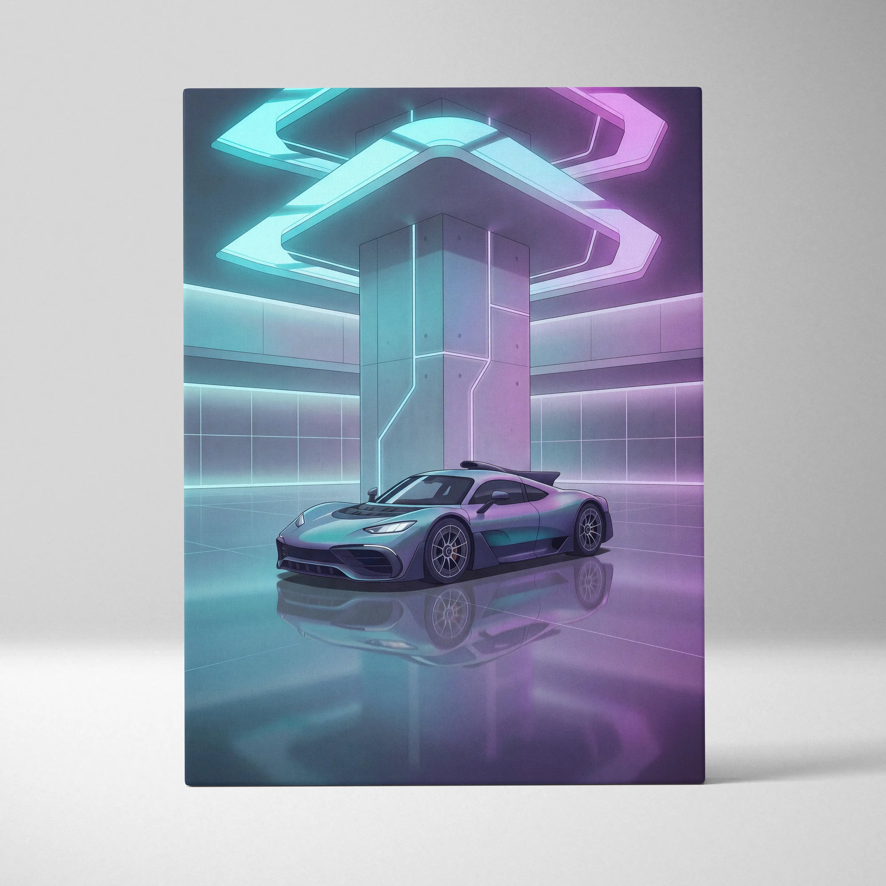 Mercedes-AMG One Inspired Silver Purple Canvas Wall Art, Pastel Vaporwave Hypercar Artwork for Futuristic Garage Decor