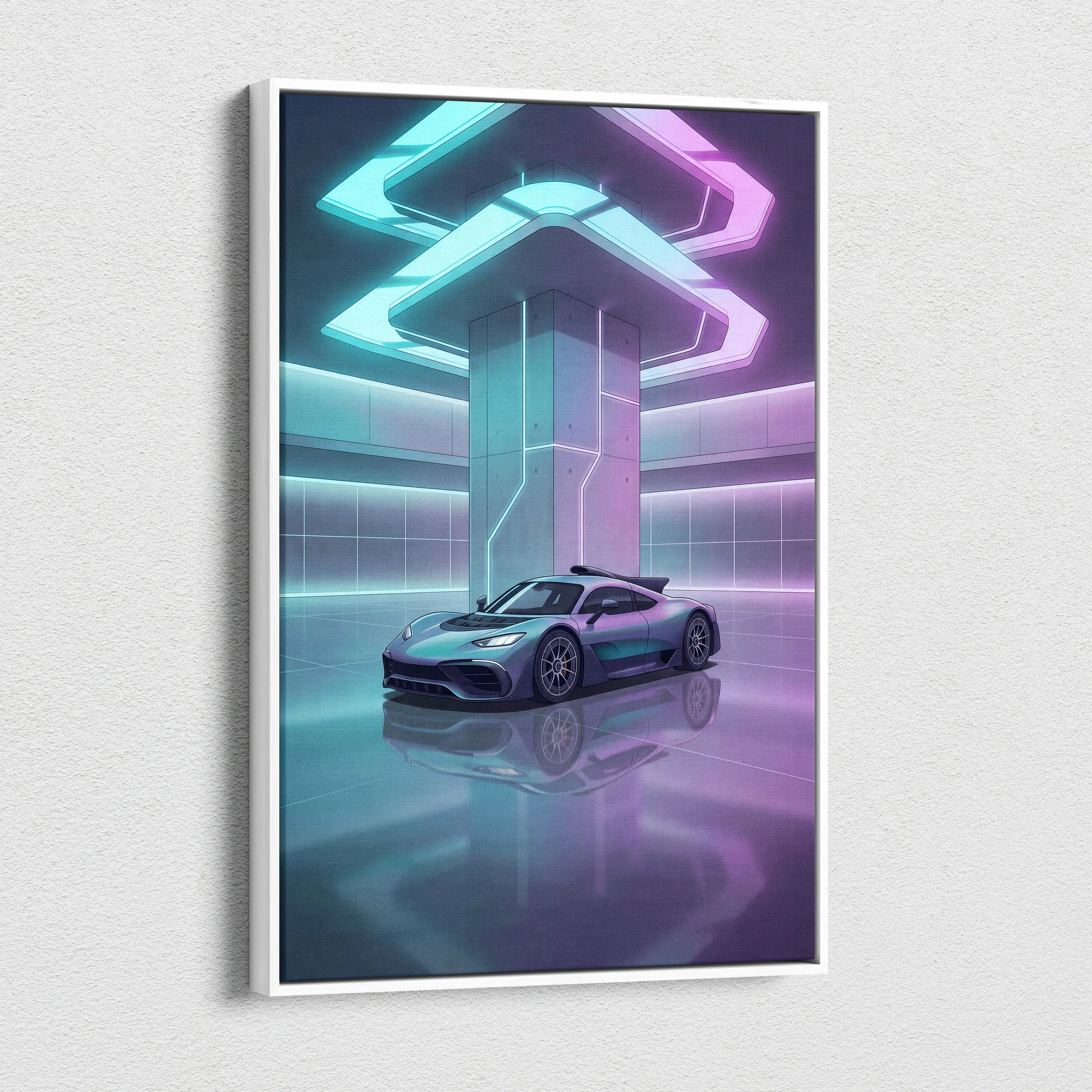 Mercedes-AMG One Inspired Silver Purple Canvas Wall Art, Pastel Vaporwave Hypercar Artwork for Futuristic Garage Decor