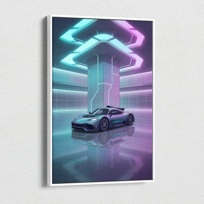 Mercedes-AMG One Inspired Silver Purple Canvas Wall Art, Pastel Vaporwave Hypercar Artwork for Futuristic Garage Decor