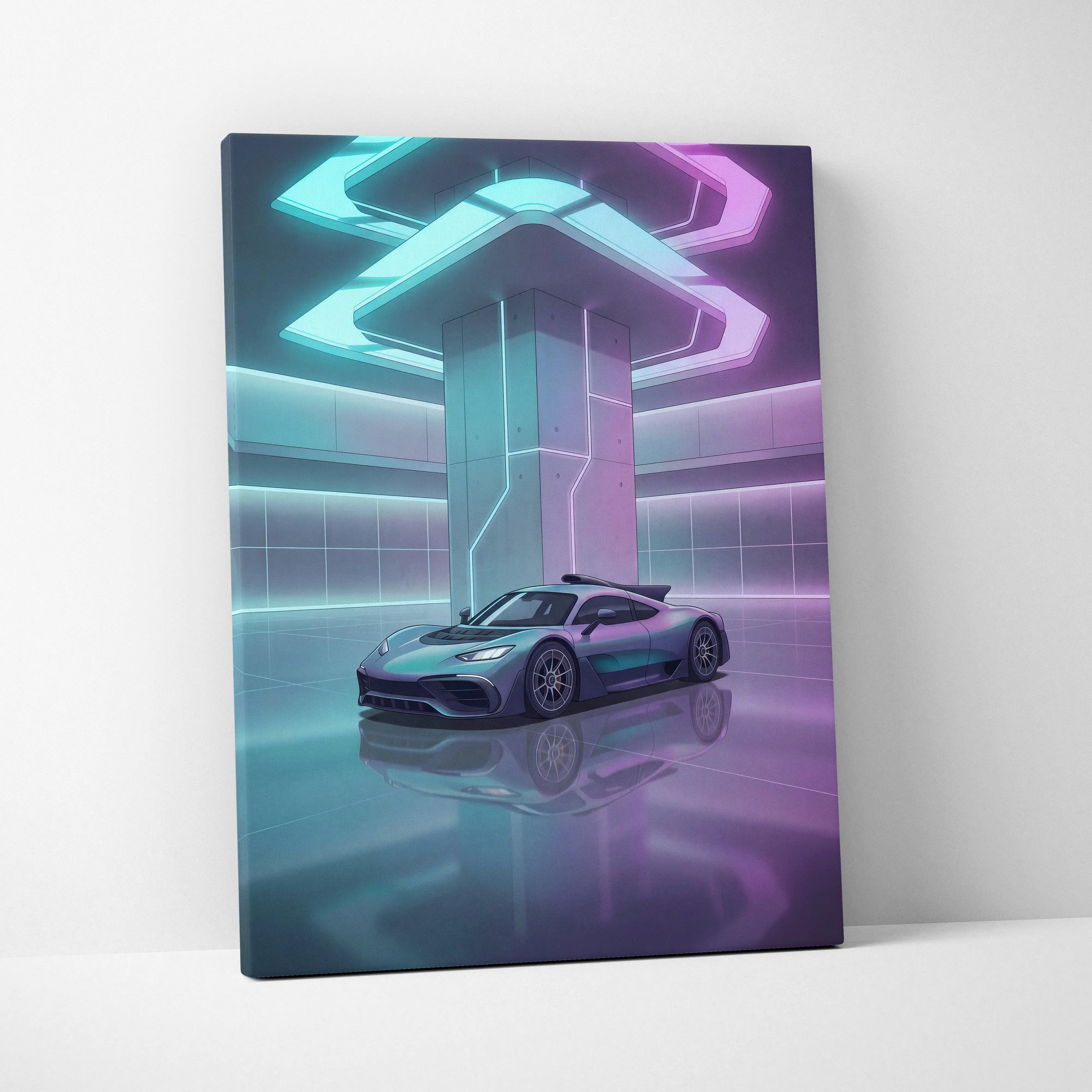 Mercedes-AMG One Inspired Silver Purple Canvas Wall Art, Pastel Vaporwave Hypercar Artwork for Futuristic Garage Decor