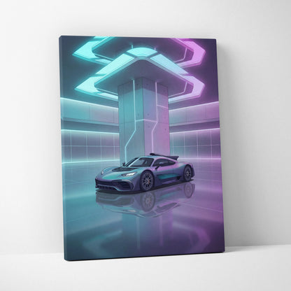 Mercedes-AMG One Inspired Silver Purple Canvas Wall Art, Pastel Vaporwave Hypercar Artwork for Futuristic Garage Decor