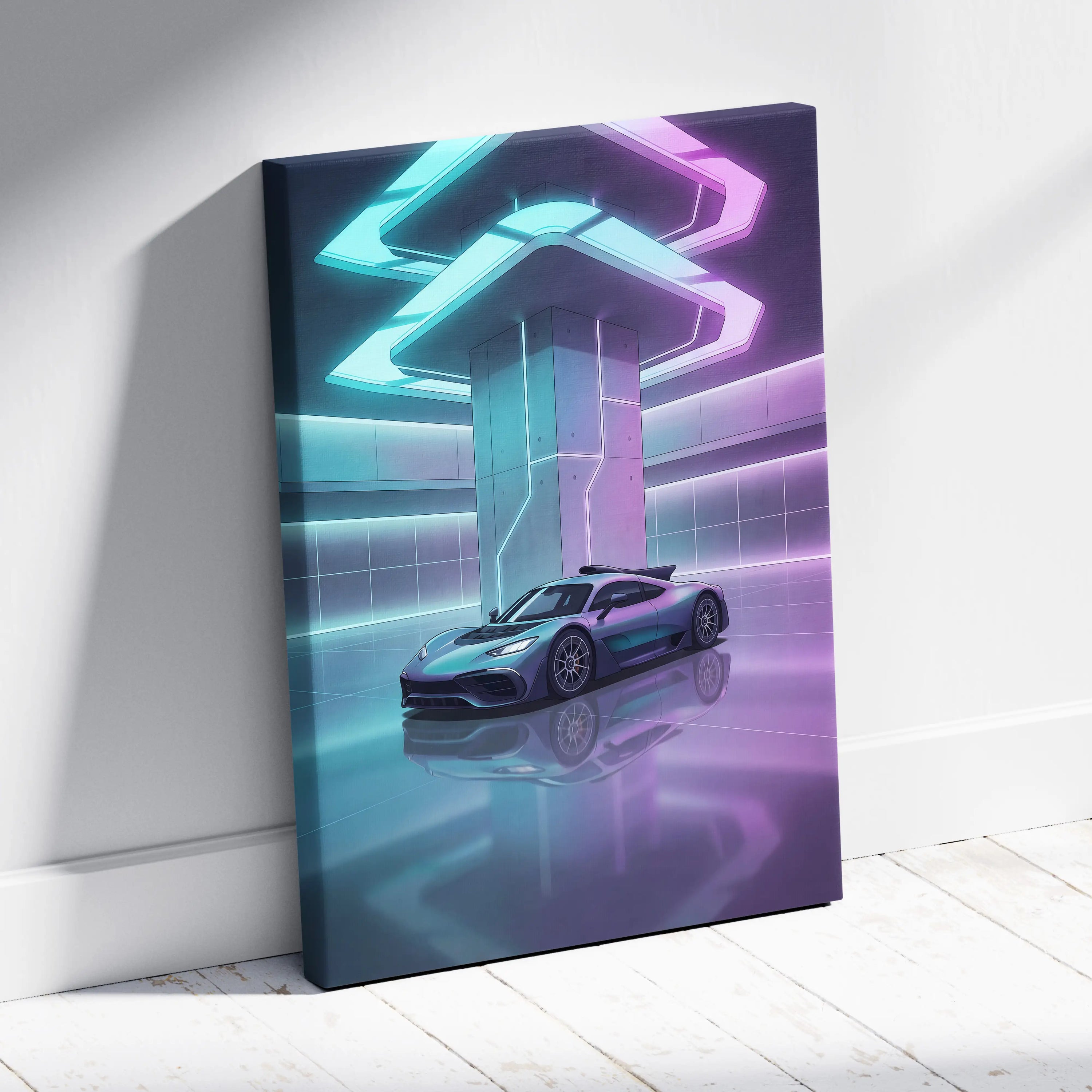Mercedes-AMG One Inspired Silver Purple Canvas Wall Art, Pastel Vaporwave Hypercar Artwork for Futuristic Garage Decor