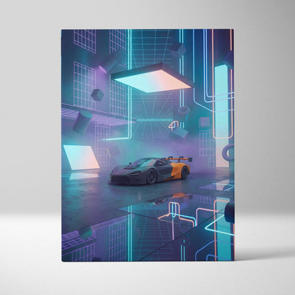 McLaren 720S GT3 Inspired Black Orange Canvas Wall Art, Neon Vaporwave Hypercar Artwork for Futuristic Garage Decor