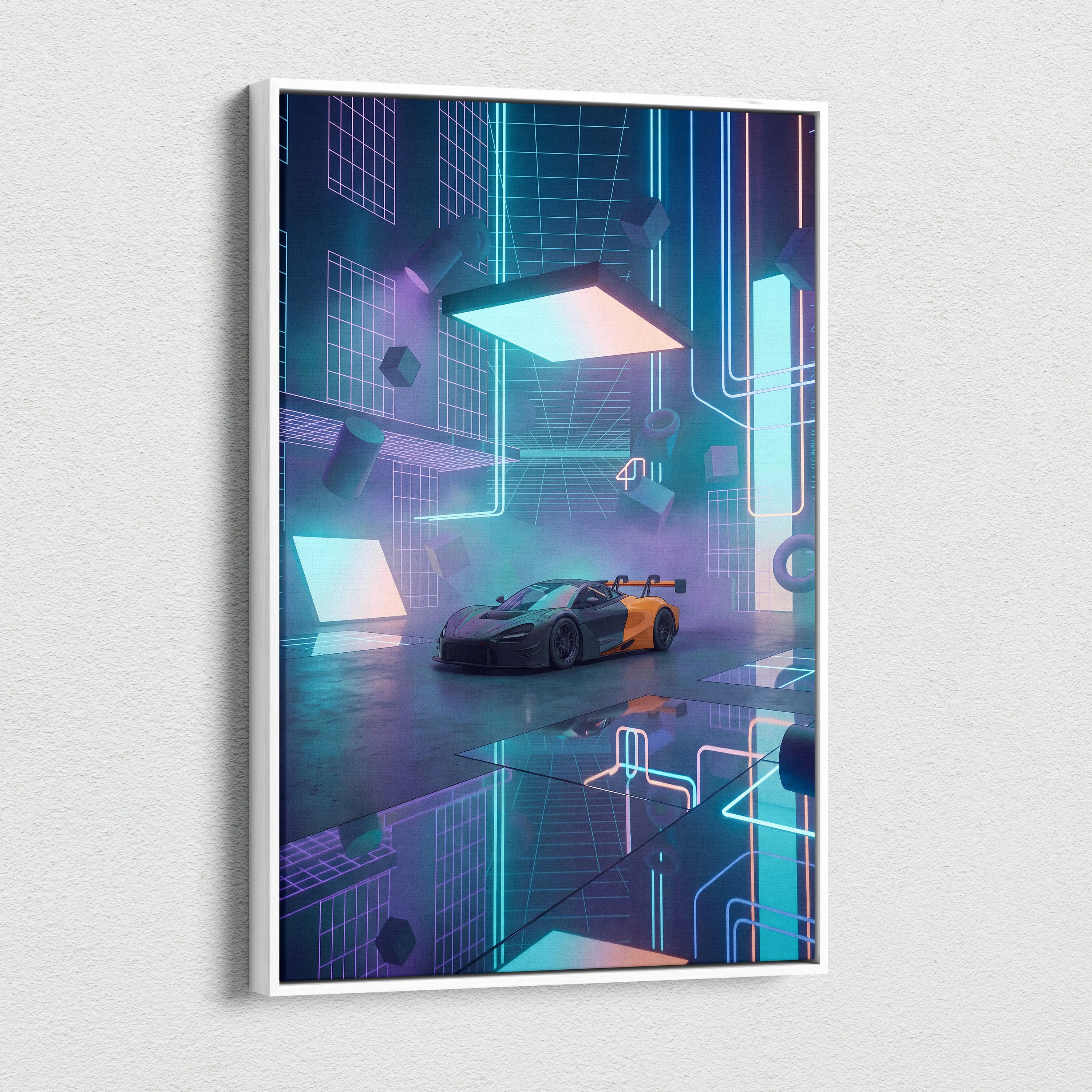 McLaren 720S GT3 Inspired Black Orange Canvas Wall Art, Neon Vaporwave Hypercar Artwork for Futuristic Garage Decor