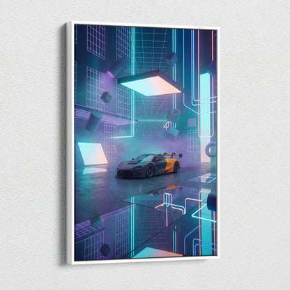 McLaren 720S GT3 Inspired Black Orange Canvas Wall Art, Neon Vaporwave Hypercar Artwork for Futuristic Garage Decor