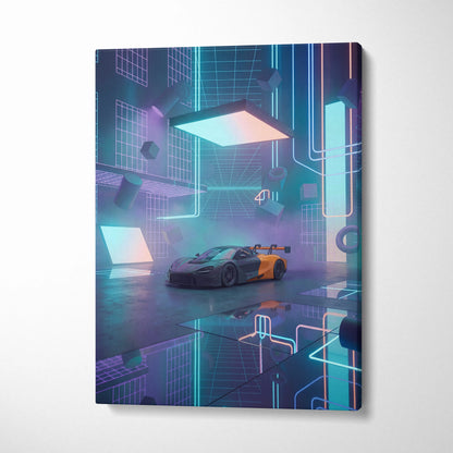 McLaren 720S GT3 Inspired Black Orange Canvas Wall Art, Neon Vaporwave Hypercar Artwork for Futuristic Garage Decor