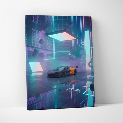 McLaren 720S GT3 Inspired Black Orange Canvas Wall Art, Neon Vaporwave Hypercar Artwork for Futuristic Garage Decor