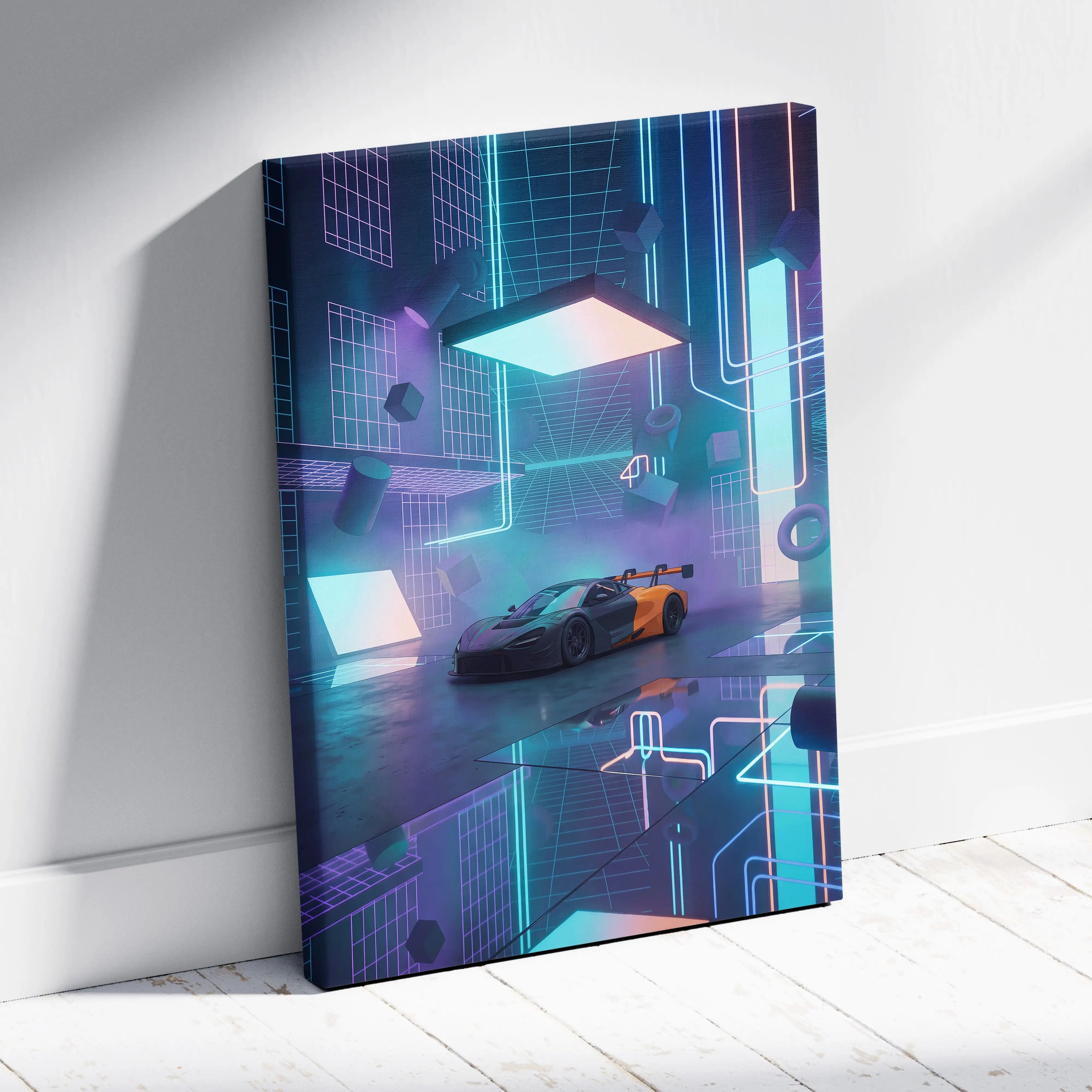 McLaren 720S GT3 Inspired Black Orange Canvas Wall Art, Neon Vaporwave Hypercar Artwork for Futuristic Garage Decor