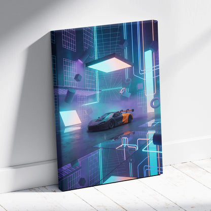 McLaren 720S GT3 Inspired Black Orange Canvas Wall Art, Neon Vaporwave Hypercar Artwork for Futuristic Garage Decor