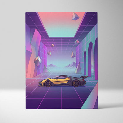 Ford GT Inspired Yellow Purple Canvas Wall Art, Pastel Vaporwave Supercar Artwork for Futuristic Garage Decor