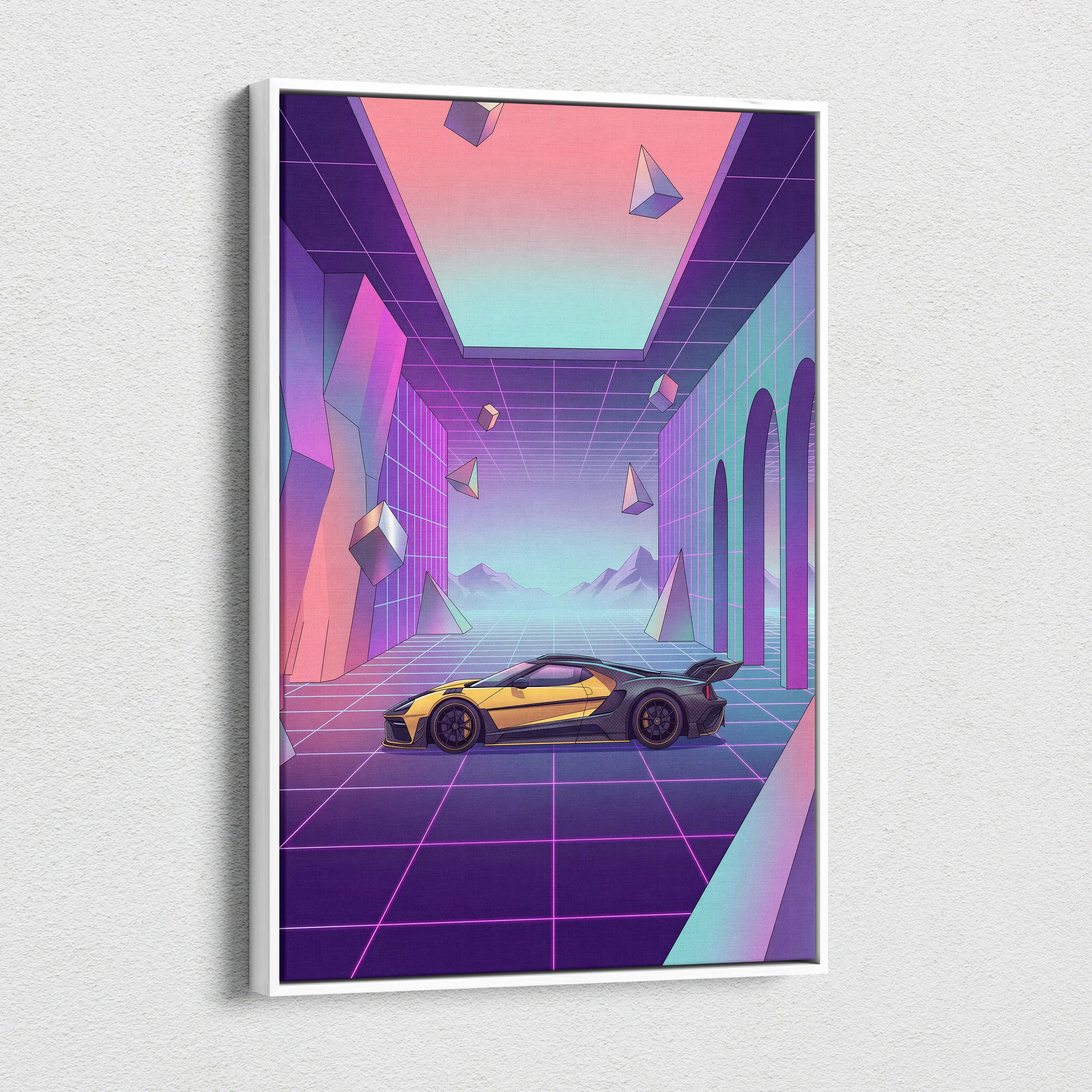 Ford GT Inspired Yellow Purple Canvas Wall Art, Pastel Vaporwave Supercar Artwork for Futuristic Garage Decor