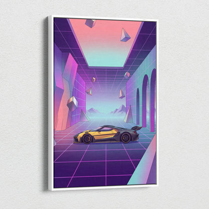 Ford GT Inspired Yellow Purple Canvas Wall Art, Pastel Vaporwave Supercar Artwork for Futuristic Garage Decor