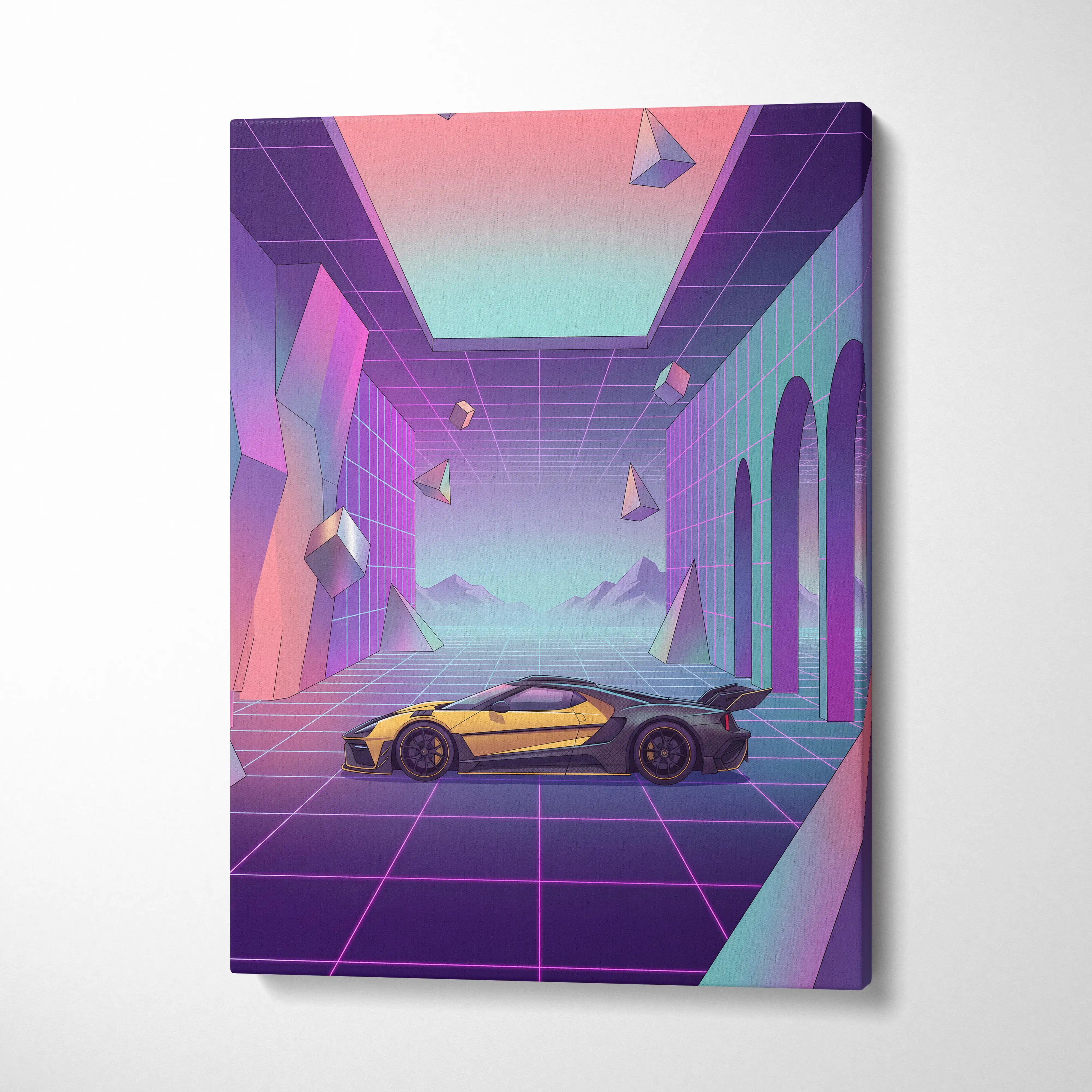 Ford GT Inspired Yellow Purple Canvas Wall Art, Pastel Vaporwave Supercar Artwork for Futuristic Garage Decor