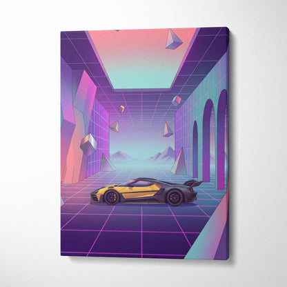 Ford GT Inspired Yellow Purple Canvas Wall Art, Pastel Vaporwave Supercar Artwork for Futuristic Garage Decor