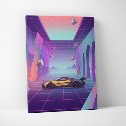 Ford GT Inspired Yellow Purple Canvas Wall Art, Pastel Vaporwave Supercar Artwork for Futuristic Garage Decor