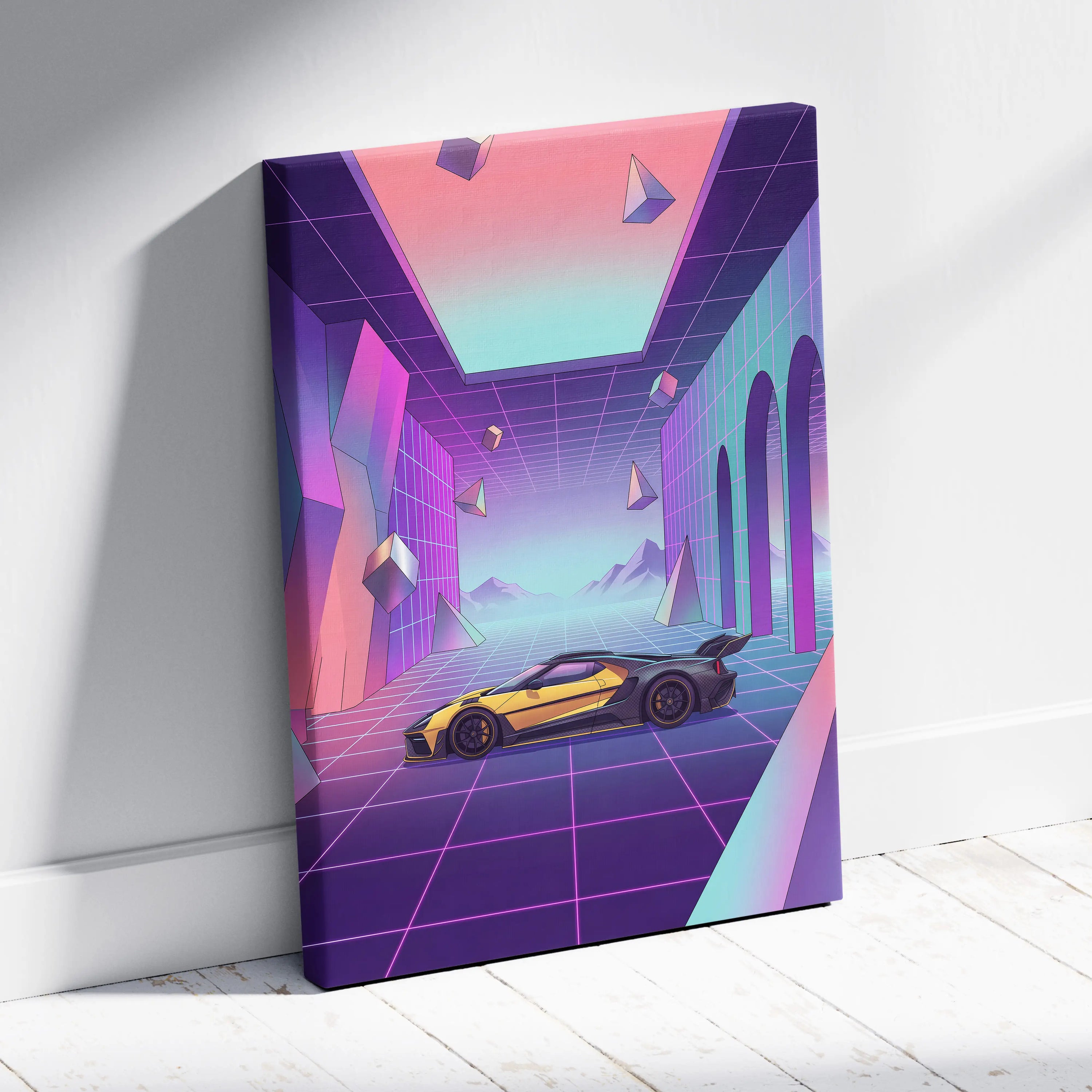 Ford GT Inspired Yellow Purple Canvas Wall Art, Pastel Vaporwave Supercar Artwork for Futuristic Garage Decor
