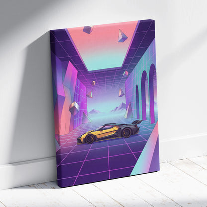 Ford GT Inspired Yellow Purple Canvas Wall Art, Pastel Vaporwave Supercar Artwork for Futuristic Garage Decor