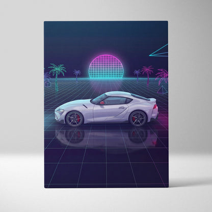 Toyota GR Supra Inspired White Purple Canvas Wall Art Vaporwave Sports Car Artwork Neon Grid Garage Decor Retro Futuristic JDM Sunset Print