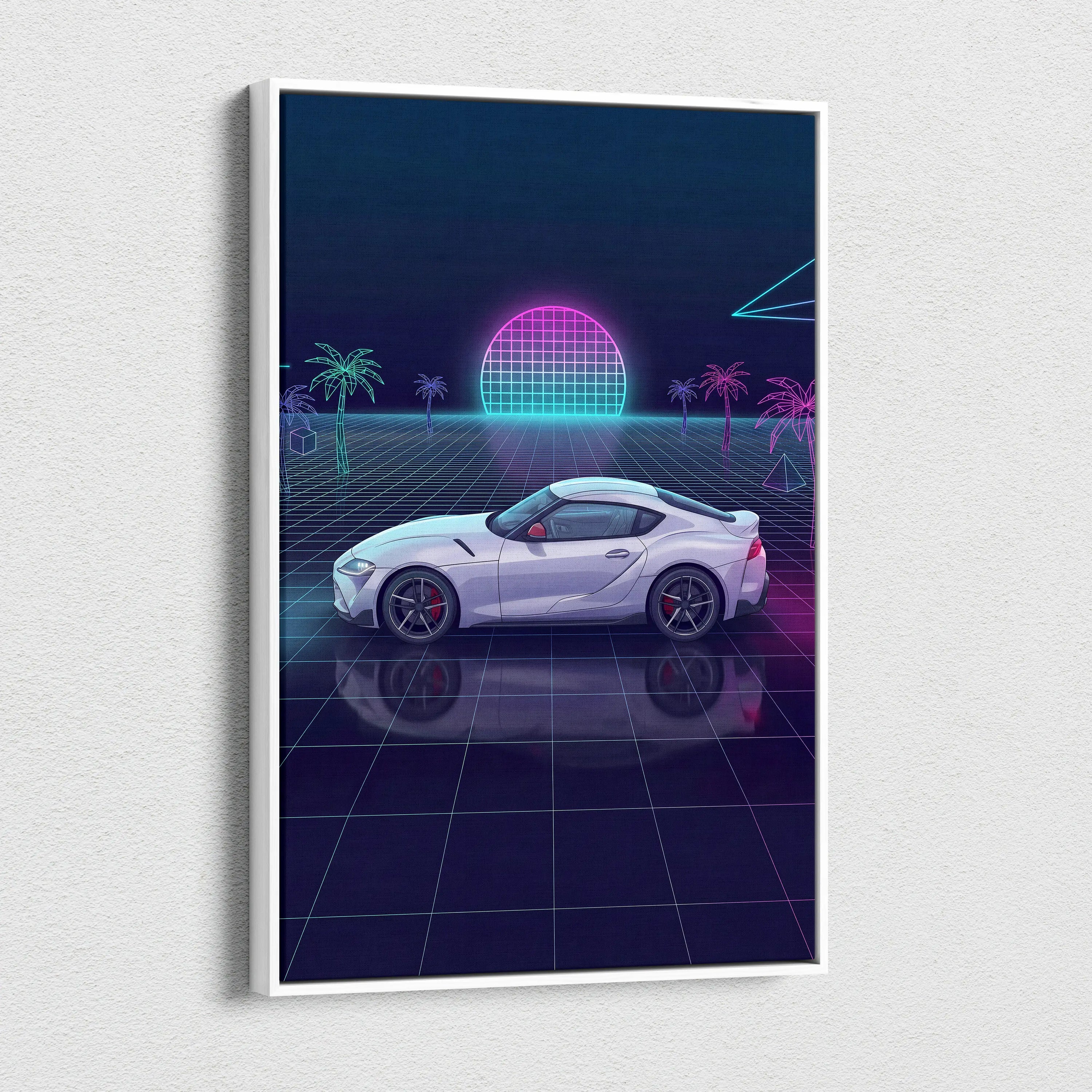 Toyota GR Supra Inspired White Purple Canvas Wall Art Vaporwave Sports Car Artwork Neon Grid Garage Decor Retro Futuristic JDM Sunset Print